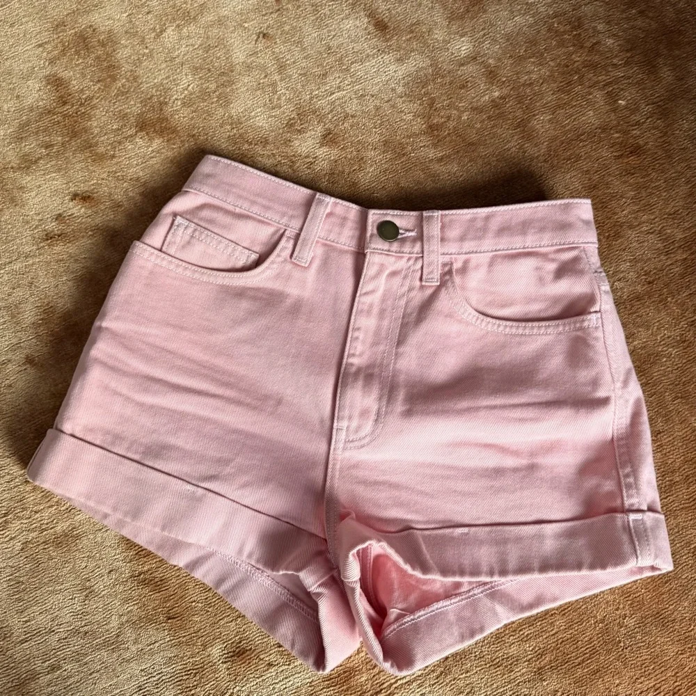 American Apparel Vintage Light Baby Pink Hi Waist Cuff Hem Denim Jean Shorts 25 - Picture 1 of 3